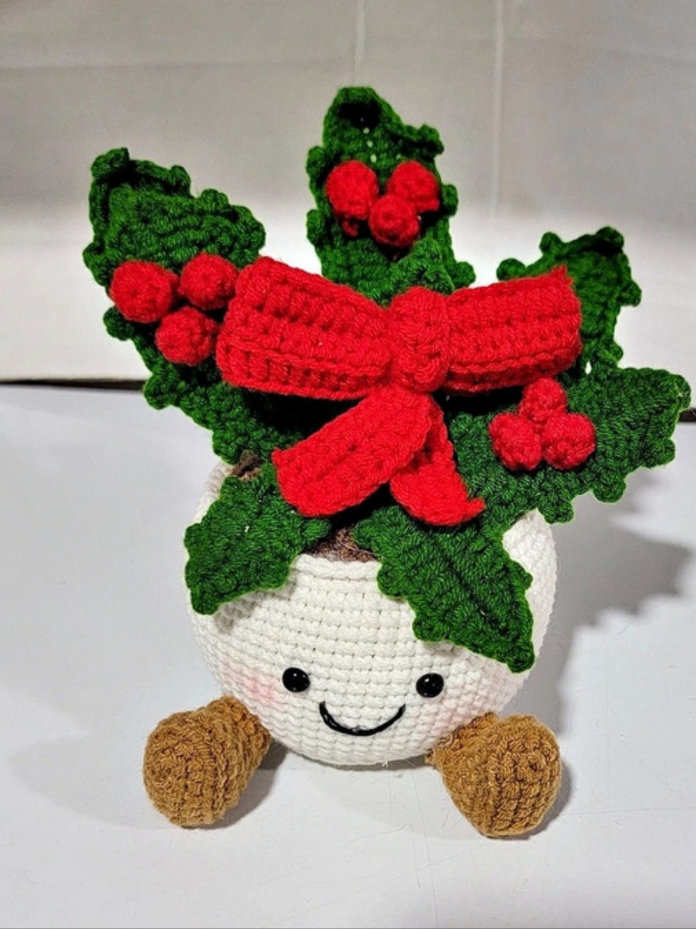 Handmade Crochet Holly Plant w/ Xmas bow